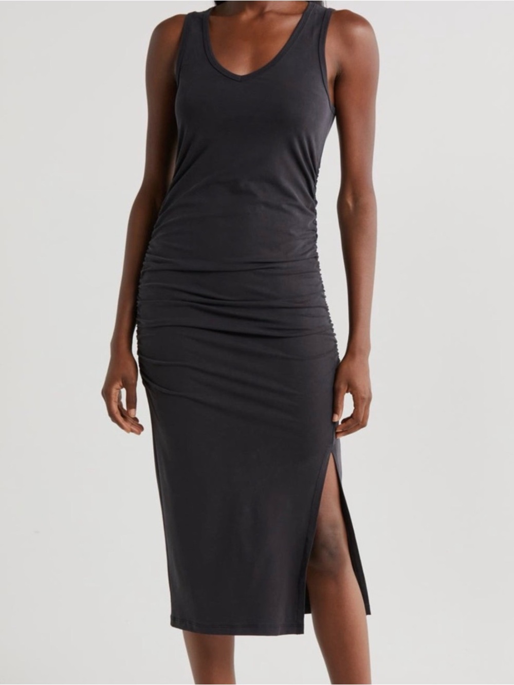 Beyond Yoga Black Sleeveless Ruched Tank Midi Dress M